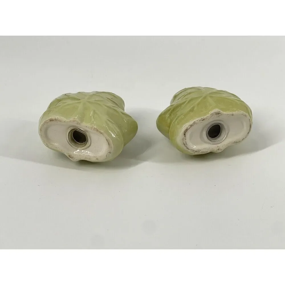 Green Leaf Ceramic Salt And Pepper Shakers Vintage 3” Hand Painted